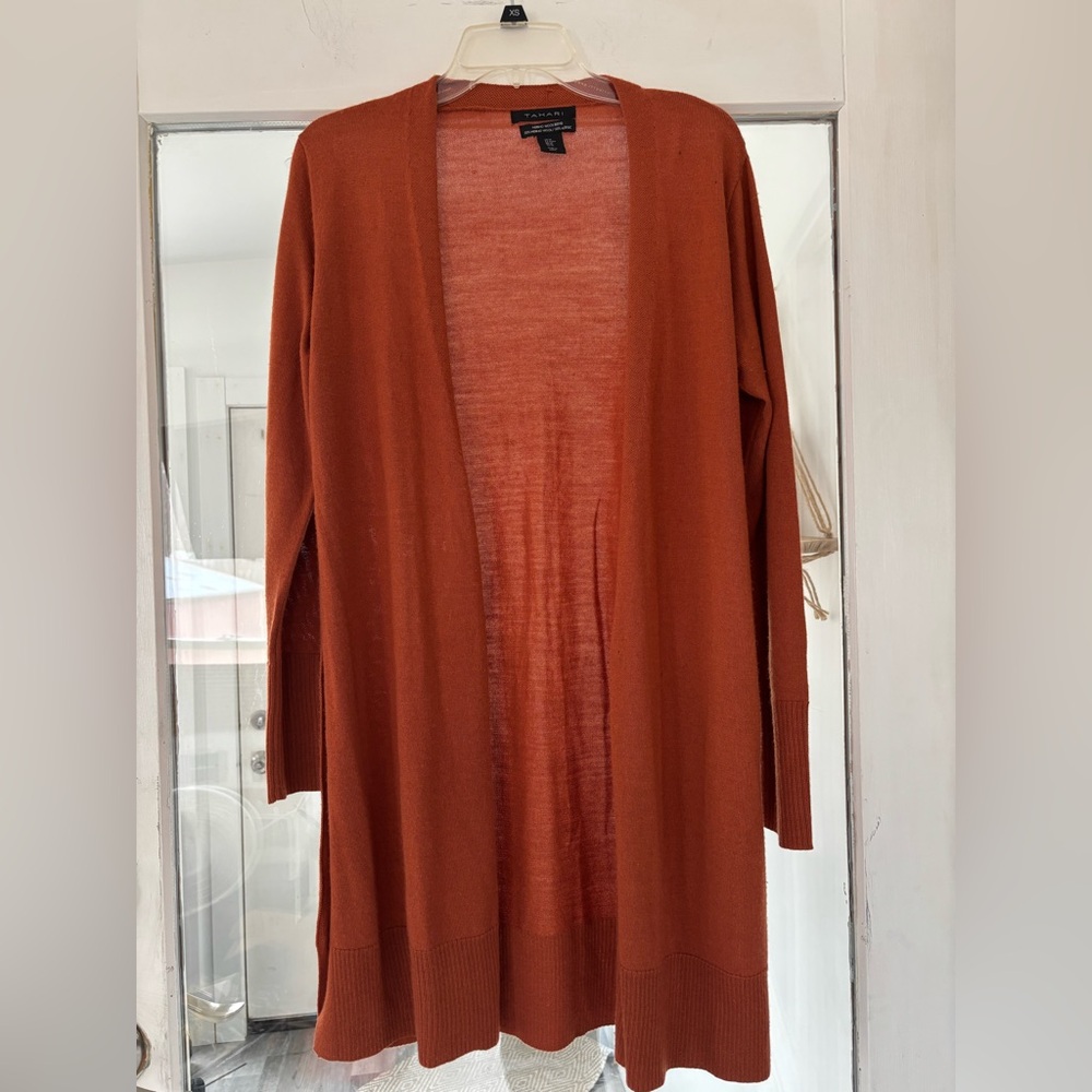 Tahari Open-Front Long Cardigan Sweater in Rust